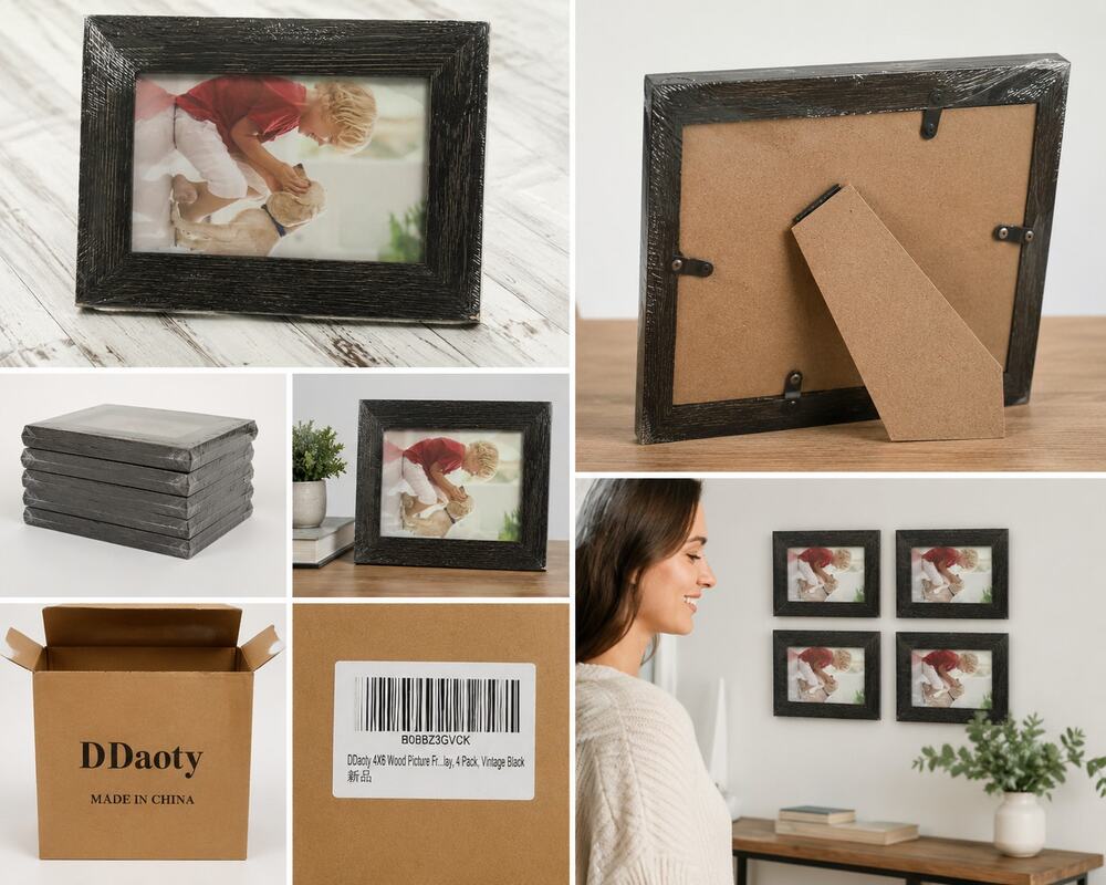 Set of 4 Vintage Black 4x6 Wood Picture Frames